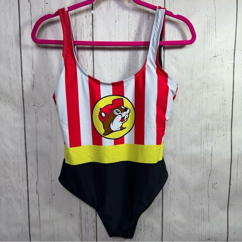 Buc-ees Striped One Piece Swimsuit Graphic Logo Americana Y2K Size XS Beach